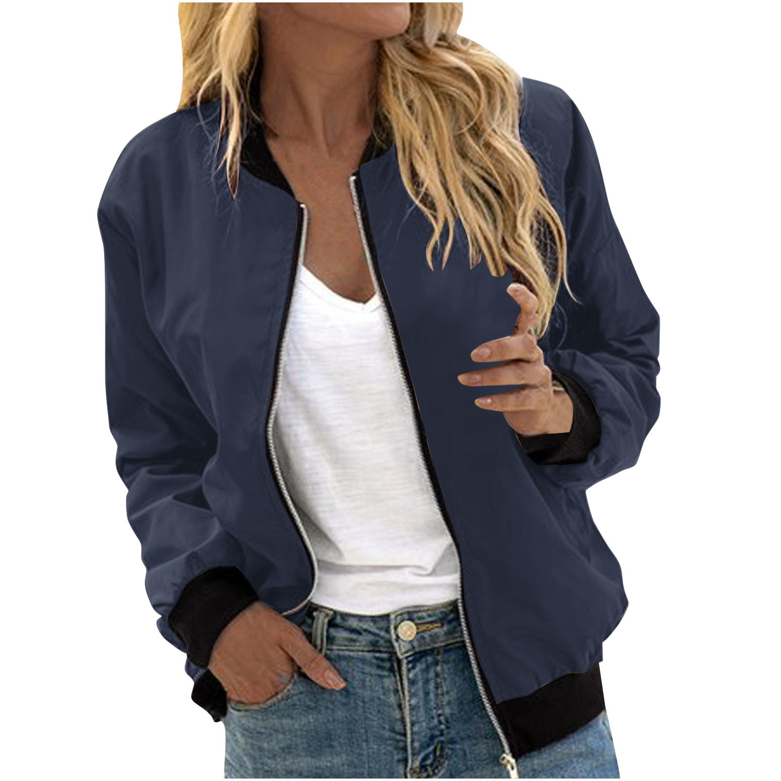 RQYYD Women's Bomber Jacket Casual Long Sleeve Coat Zip Up Outerwear ...