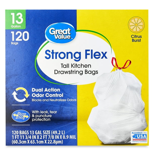 Great Value Strong Flex Tall Kitchen Drawstring Trash Bags, Citrus