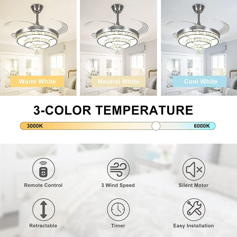 EASYG 42Invisible Ceiling Fan Chandelier with Light,Modern Crystal Ceiling  Fan Light Remote Control 4 Retractable ABS Blades