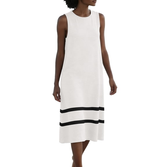 Hurxie Summer Casual Dresses for Women Sleeveless Midi Dress Swing Tank Sundress Pleated Tshirt Dress with Pockets White,XL