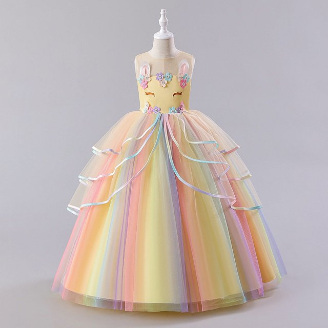Vestido de princesa de hilo abullonado con malla de unicornio y arcoíris para niñas de estilo europeo y americano