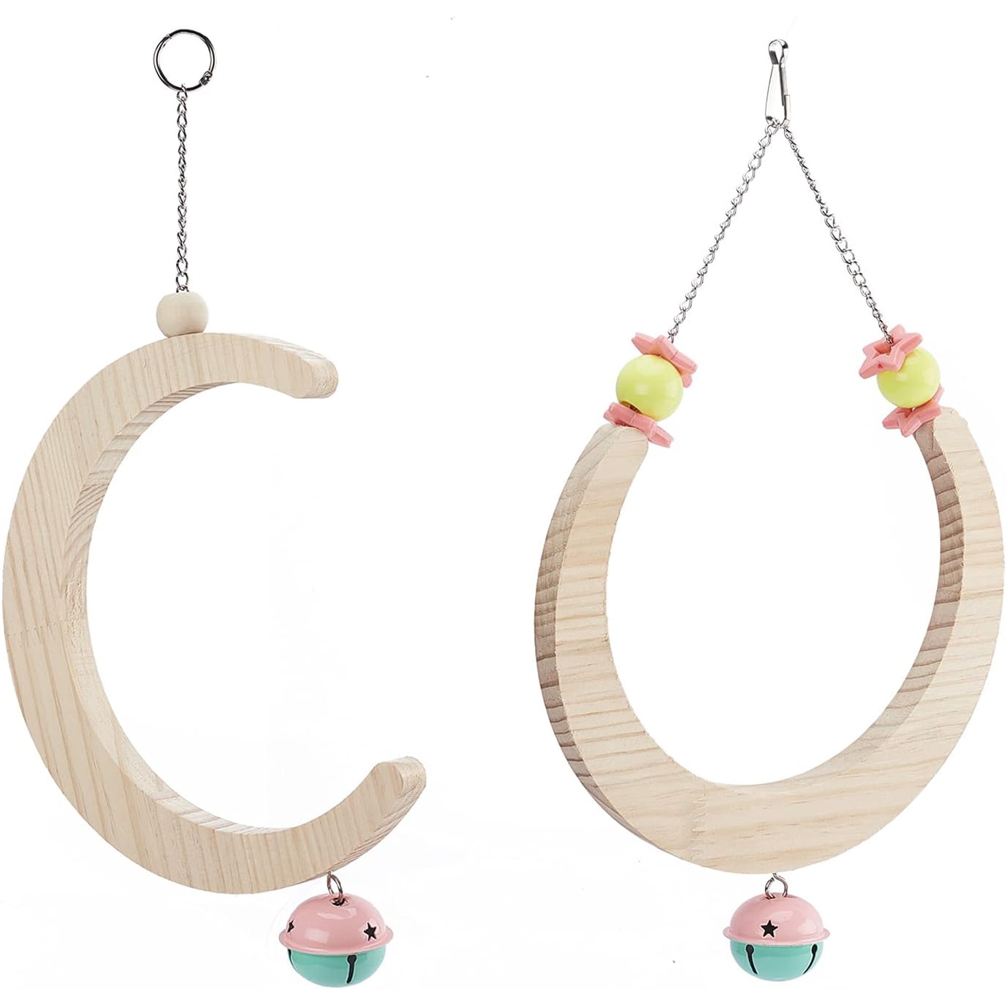 Bird Swing Wooden Bird Perch with Bells 13.28" Moon Shape Birds Natural Wood Swing Toys Bird Swing Toy Hanging Stand Perch for Small Birds Budgerigar Parakeet Conure Cockatiel