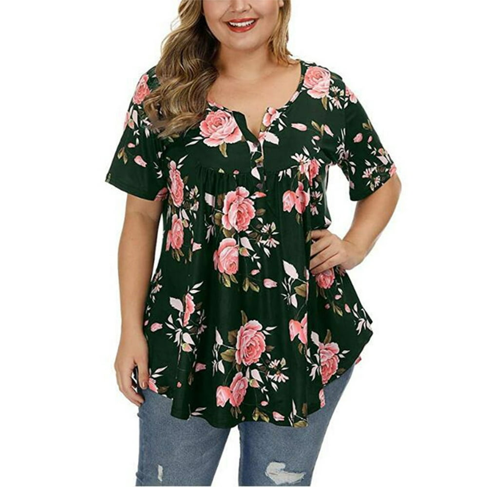 Ukap Women Summer Top Plus Size Floral Printed Vintage Blouse Ladies Short Sleeve V Neck