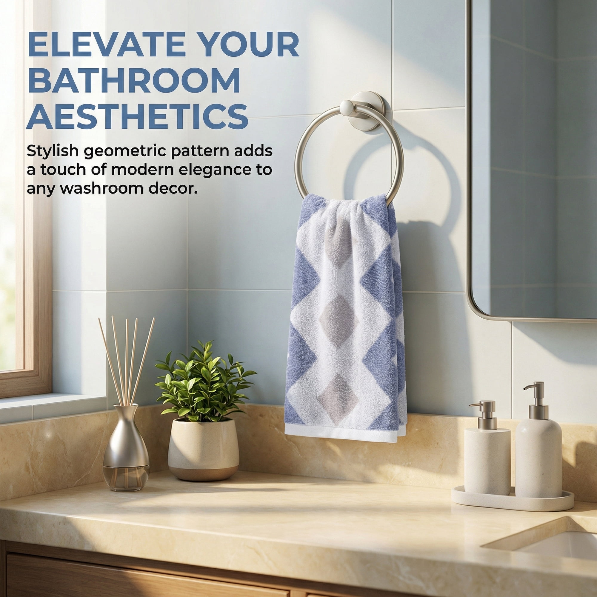 Unique Bargains Geometric Rhombus Cotton Soft Color Block Hand Towel Blue 4pcs 28" x 13"