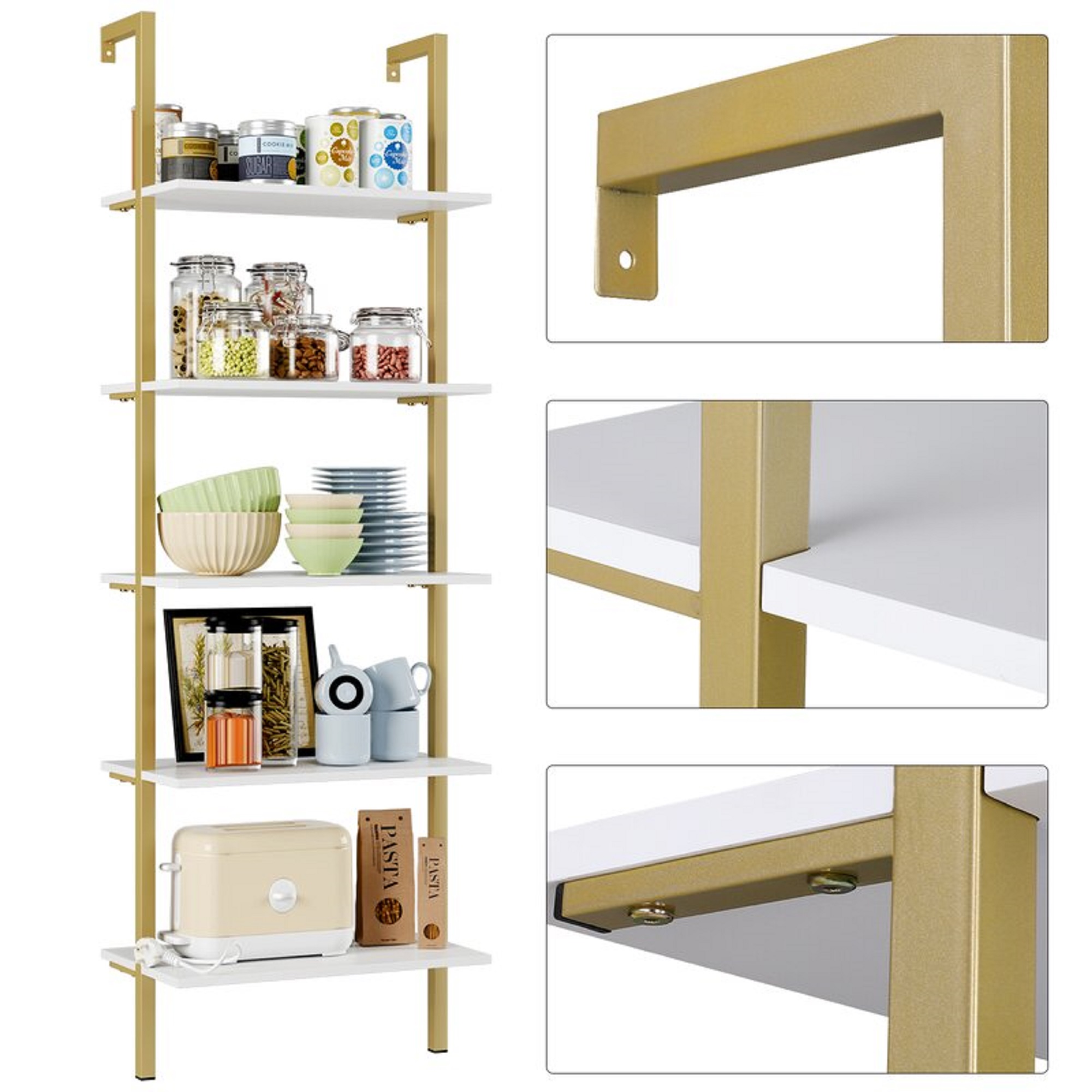 Homfa Wall-Mounted 5-Tier Ladder Shelves, White with Gold photo 8