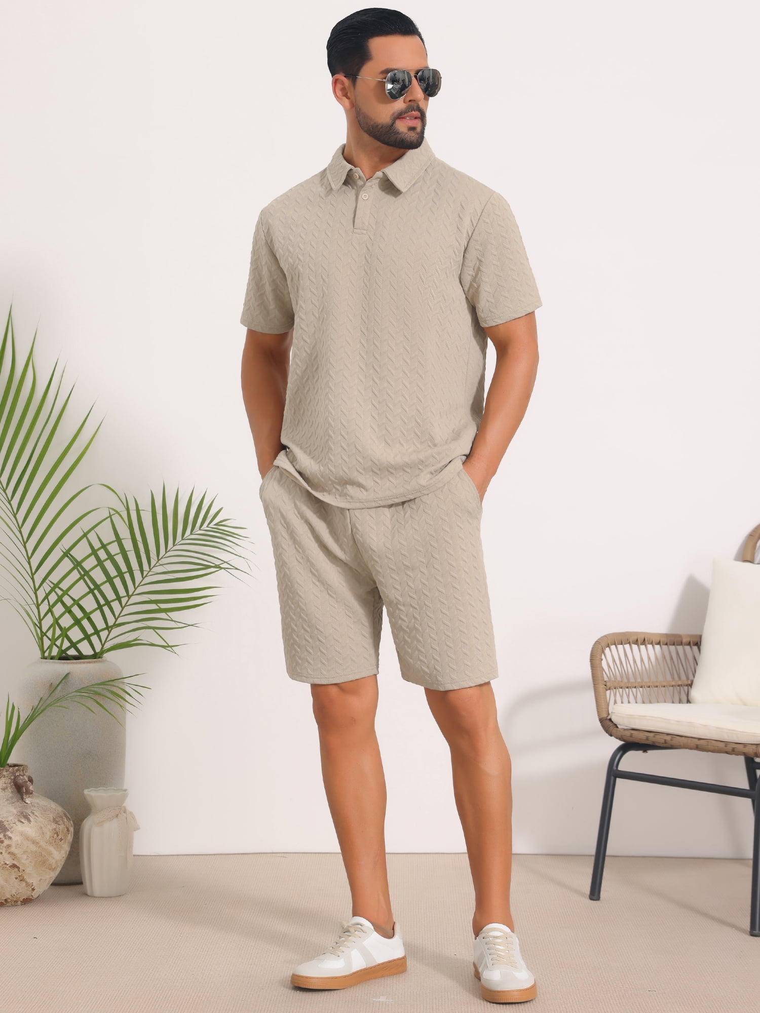 DARING DIVA Men's 2 Pieces Jacquard Polo Shirt & Drawstring Shorts Outfits L Beige