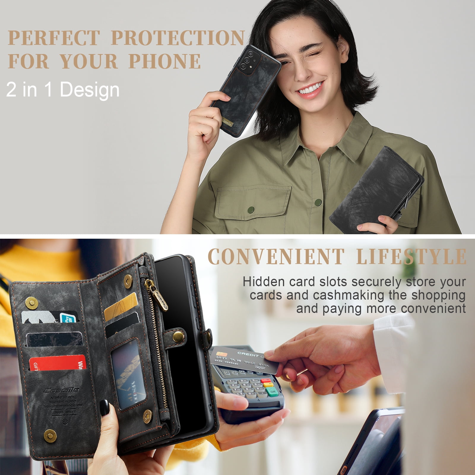 Feishell Durable 2- In-1 Magnetic Detachable Wallet Case for Samsung Galaxy A52 4G/5G,for Women Men,Premium PU Leather Zipper Pocket Flip Multi Card Slots Purse Phone Case with Wrist Strap,Black