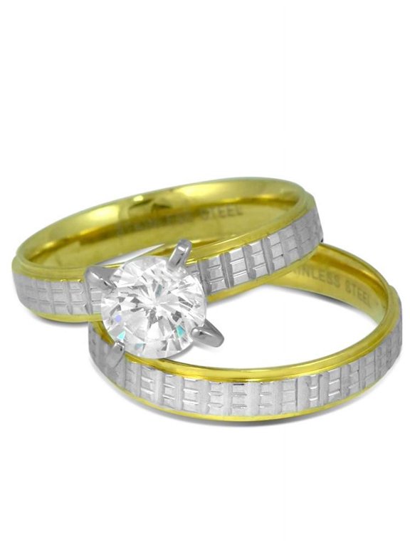 Jewelry Stainless Steel Solitaire Bridal Engagement Wedding 2 Pieces Cz Ring Set, Gold Silver
