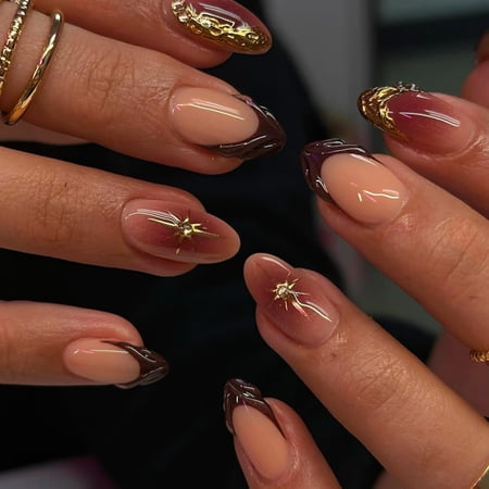 Cross-border hot sale almond fake nails three-dimensional water ripples gradual change color stars Phnom Penh striped nail products wholesale
