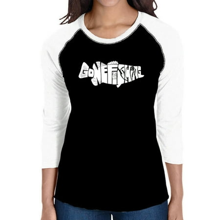 LA Pop Art Women s Raglan Baseball Word Art T-shirt - Bass - Gone Fishing