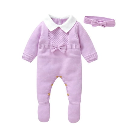 

CocMouse Baby Girl Knit Romper Long Sleeve Bow Front Footed Jumpsuit Headband
