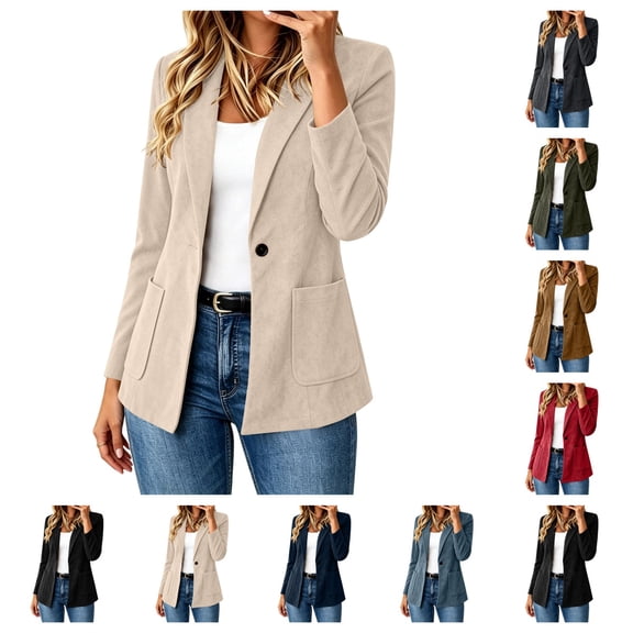 SAWOBUUN Faux Suede Blazer for Women Lapel Collar Open Front One Button Slim Fit Work Suit Jacket