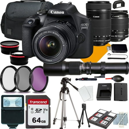 Image of Canon EOS Rebel 2000D Camera with 18-55mm+Canon EF-S 55-250mm f/4-5.6 IS STM Lens+500mm f/8.0 Telephoto Lens for T-mount+COMMANDER Starter Kit+Lens Filters+CASE+64Memory Cards (18PC)