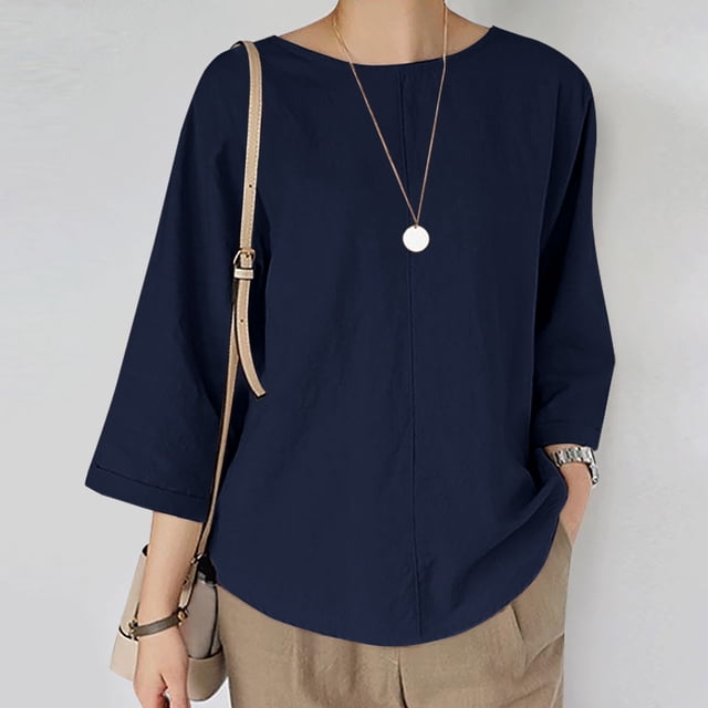 Hauts d'Été pour Femmes 2023 Mode T-Shirt Décontracté Col Rond Manches 3/4 Boho Grande Taille pour Femmes