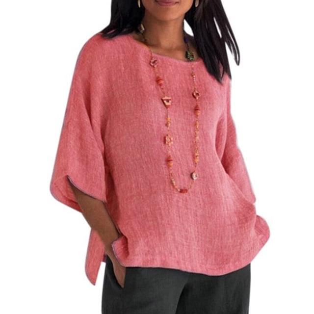 Maoww Vêtements pour Femmes Chemise à Manches 3/4 Col Rond Coton Lin Haut Décontracté, Rose, TTG