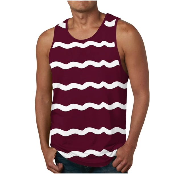 Tanques para Hombre para el Verano Solto Chaleco Raya Impresión Deporte Cuello Redondo Superior
