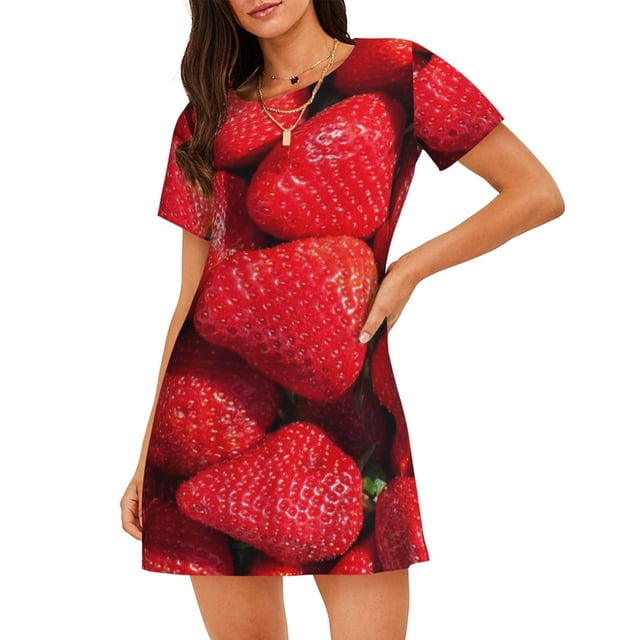 Balery Strawberry Red Camisón de manga corta con cuello redondo para mujer, cómodo y elegante.