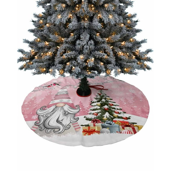 Pink Gnomes Christmas Christmas Tree Skirt 48 Inches Large Christmas Skirt Tree, Xmas Tree Birds Winter Snowflake Tree Skirt Christmas Decorations for Fireplace Party Holidays Indoor Outdoor