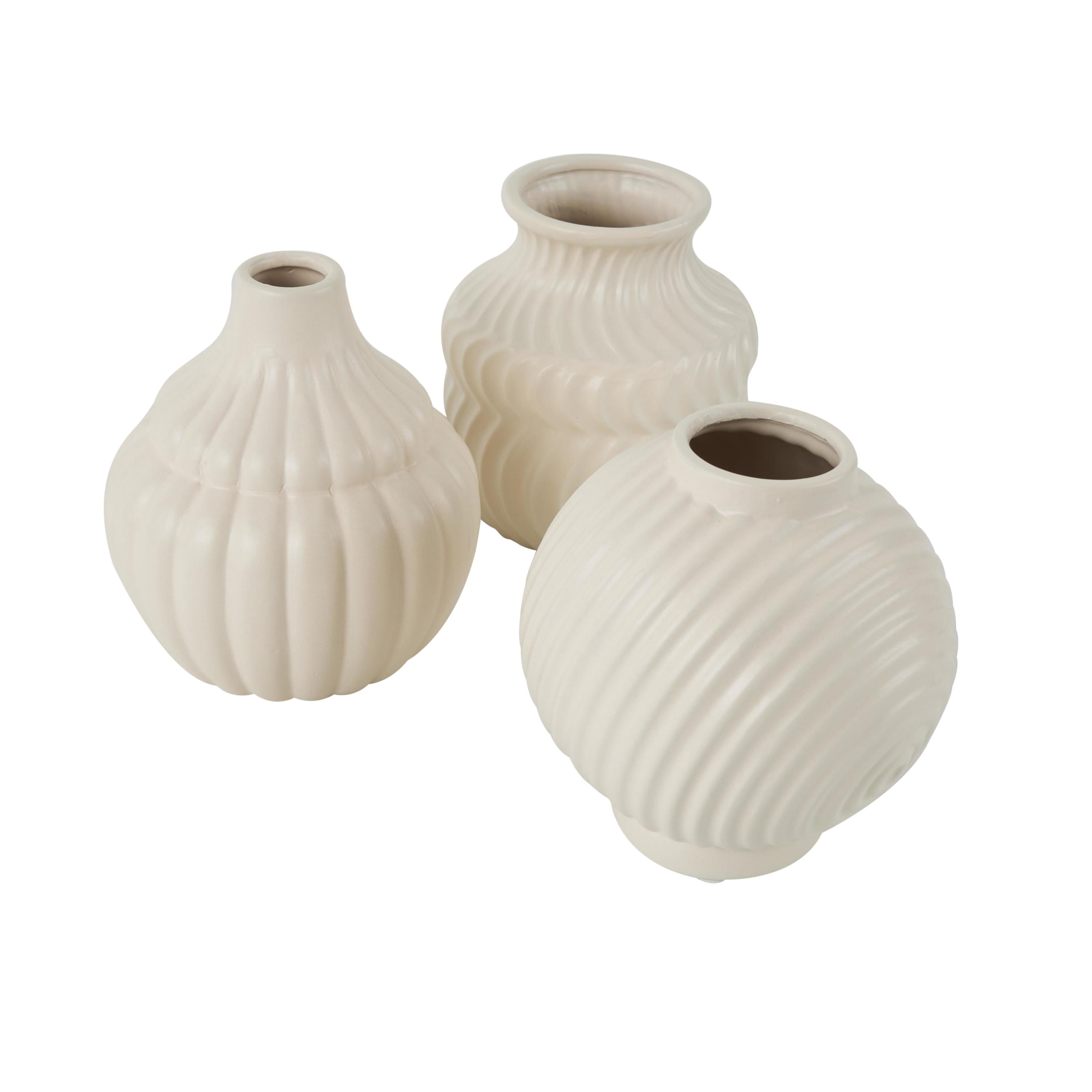 DecMode 5"W, 6"H Abstract Small Textured Cream Ceramic Vase with Varying Shapes and Patterns, Set of 3