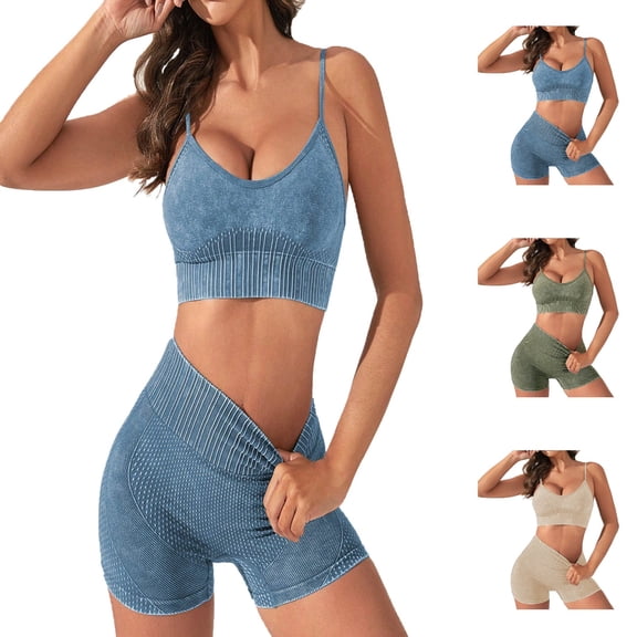 Hpapadks Women's Gym Sets 2 Piece Activewear Sleeveless Solid Seamless Fitness Yoga Bra High Waist Lifting Shorts Sports Set Yoga Outfits for Women Blue L