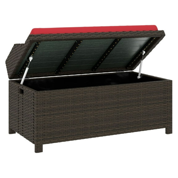 Outdoor Wicker Storage Bench with Cushion, 660lbs Capacity, Red - Patio Deck Bench with Storage for Garden, Pool, Porch