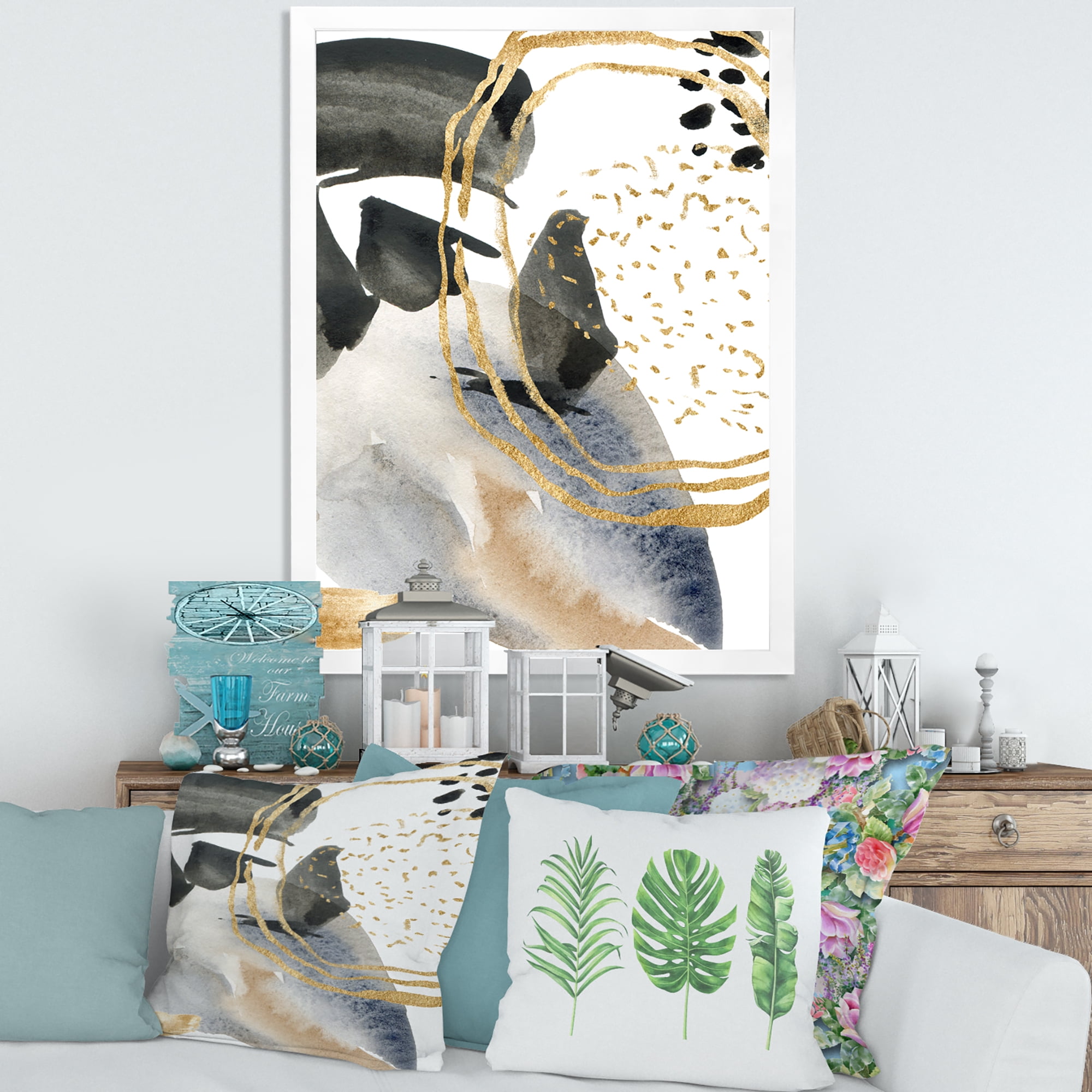 Designart 'Pastel Abstract With Black Blue Beige and Gold Spots' Modern Framed Art Print