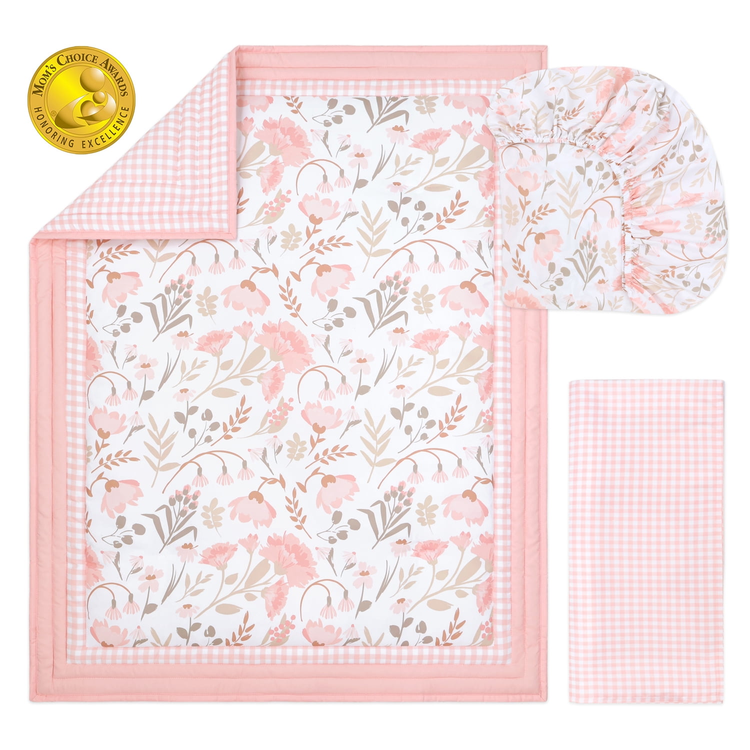 The Peanutshell Whimsical Floral Crib Bedding Set for Baby Girls, Machine-Washable, Pink, 3-Piece