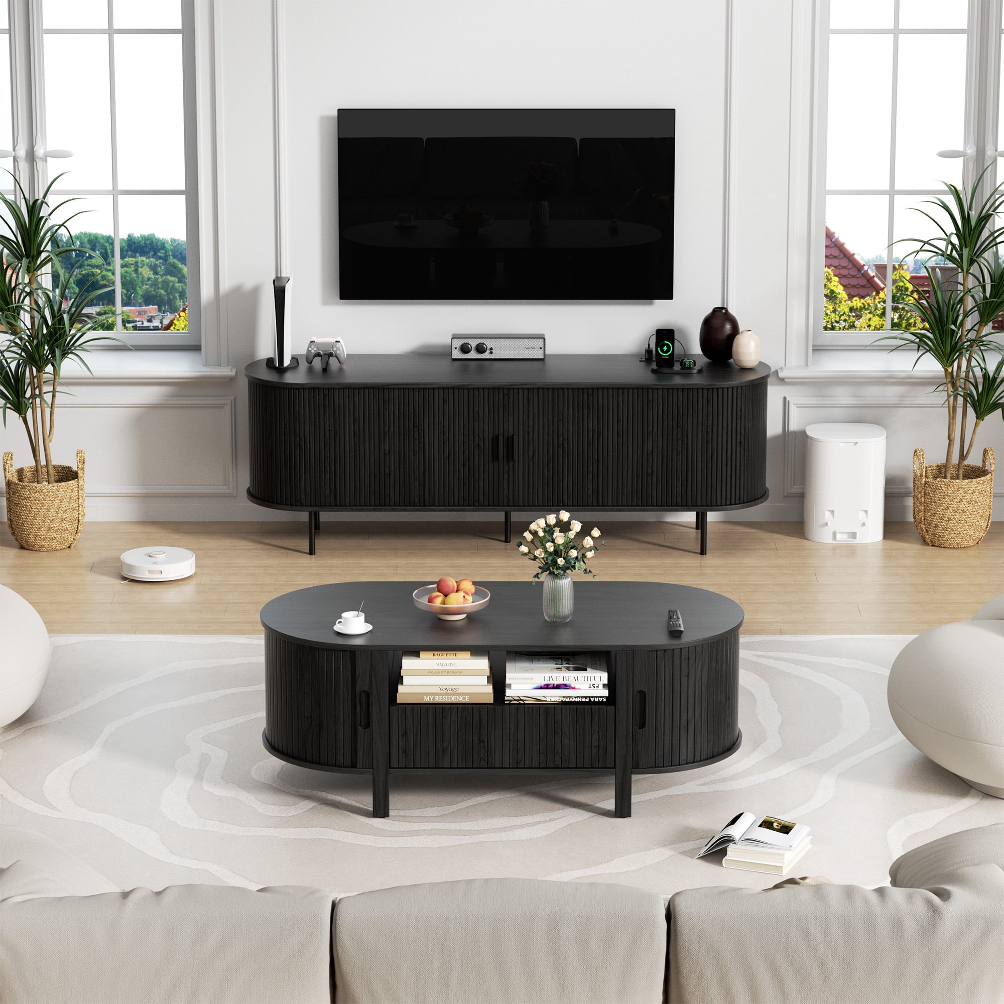 MARNUR Coffee Table with Storage, Tambour Sliding Door, Open Shelf, Mid Century Modern Center Table with Drawer for Living Room, Black