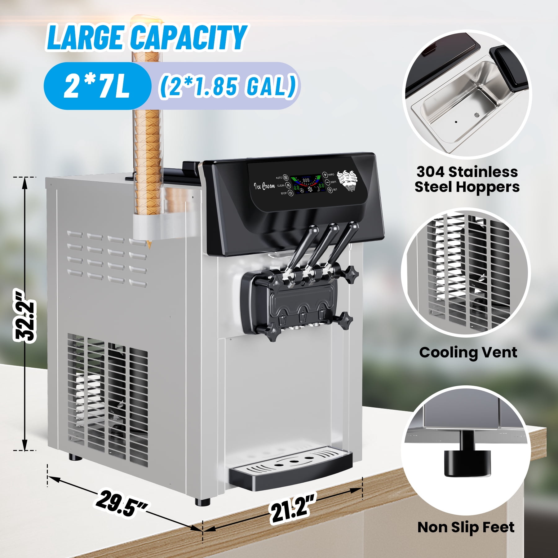 Commercial 3-Flavor Soft Serve Ice Cream Machine 2200W, 5.3-7.4 Gal/Hr LCD Touch Screen Auto Cleaning for Home, Snack Bars & Restaurants – No Pre-Chill Needed