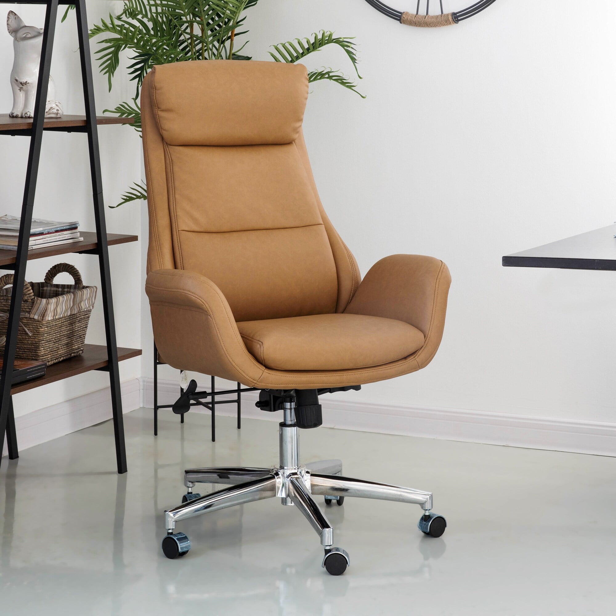 Glitzhome Mid-Century Modern Leatherette Adjustable Office Chair Camel