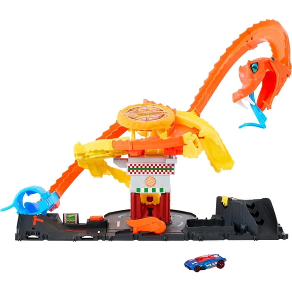Hot Wheels City Track Set Pizza Slam Cobra Attack Playset with 1:64 Scale Toy Car for Kids, 24.51 in