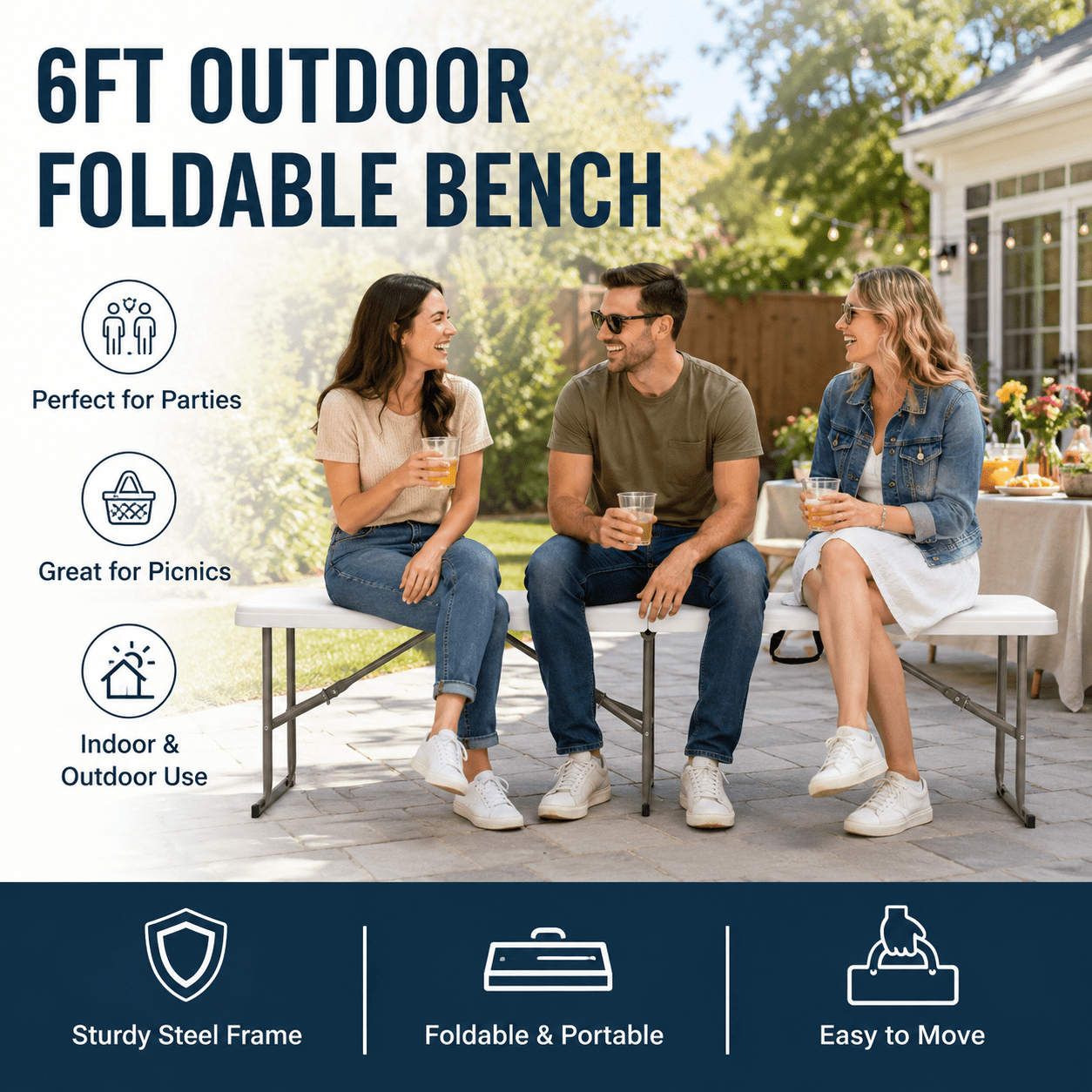 Alvantor 6 ft Portable Folding Bench, HDPE Plastic Indoor Outdoor Seat with Steel Frame, White, 1 Pack