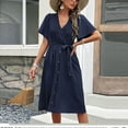 thumbnail image 4 of Bigersell Womens Summer Midi Dress Wrap V-Neck Short Sleeve Casual Loose Button-Down Dress with Belt Pleated A-Line Cocktail Party Swing Sundress Business Dresses, Blue XL, 4 of 5