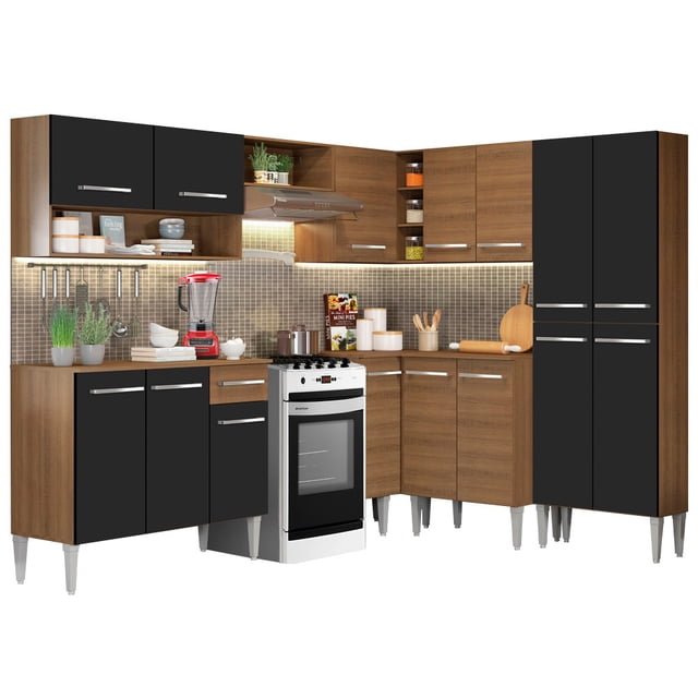 Cocina Integral Esquinera Madesa Emilly Ice 417cm Marrón/Negro GCEM417001