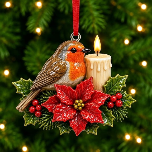 Christmas Bird Acrylic Ornament 3.9 Inch Poinsettia Candle Hanging Tree Decor Design B