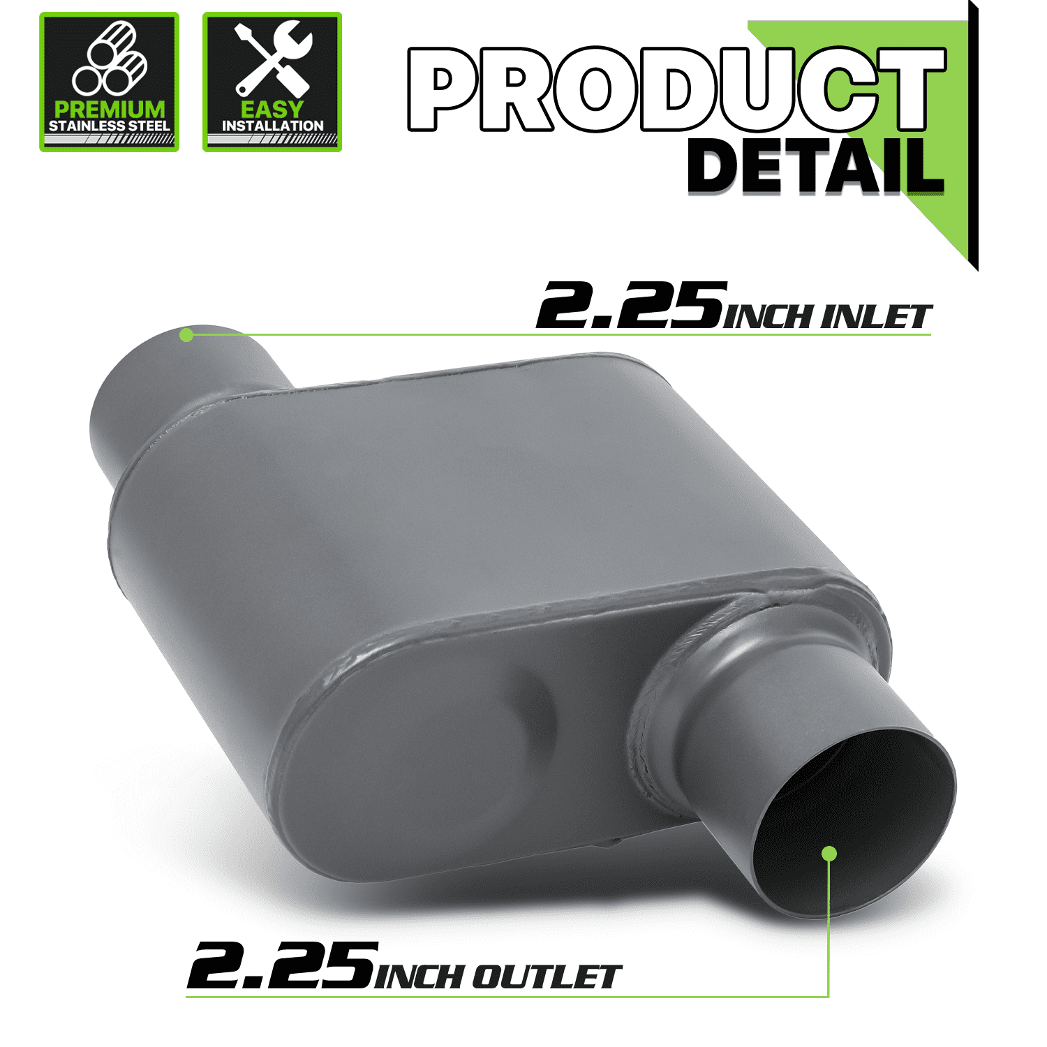 Magshion 2.25 Inch Inlet/Outlet 1 Pair Chambered Exhaust Muffler Straight-Through Stainless Steel Round Tip, Gray