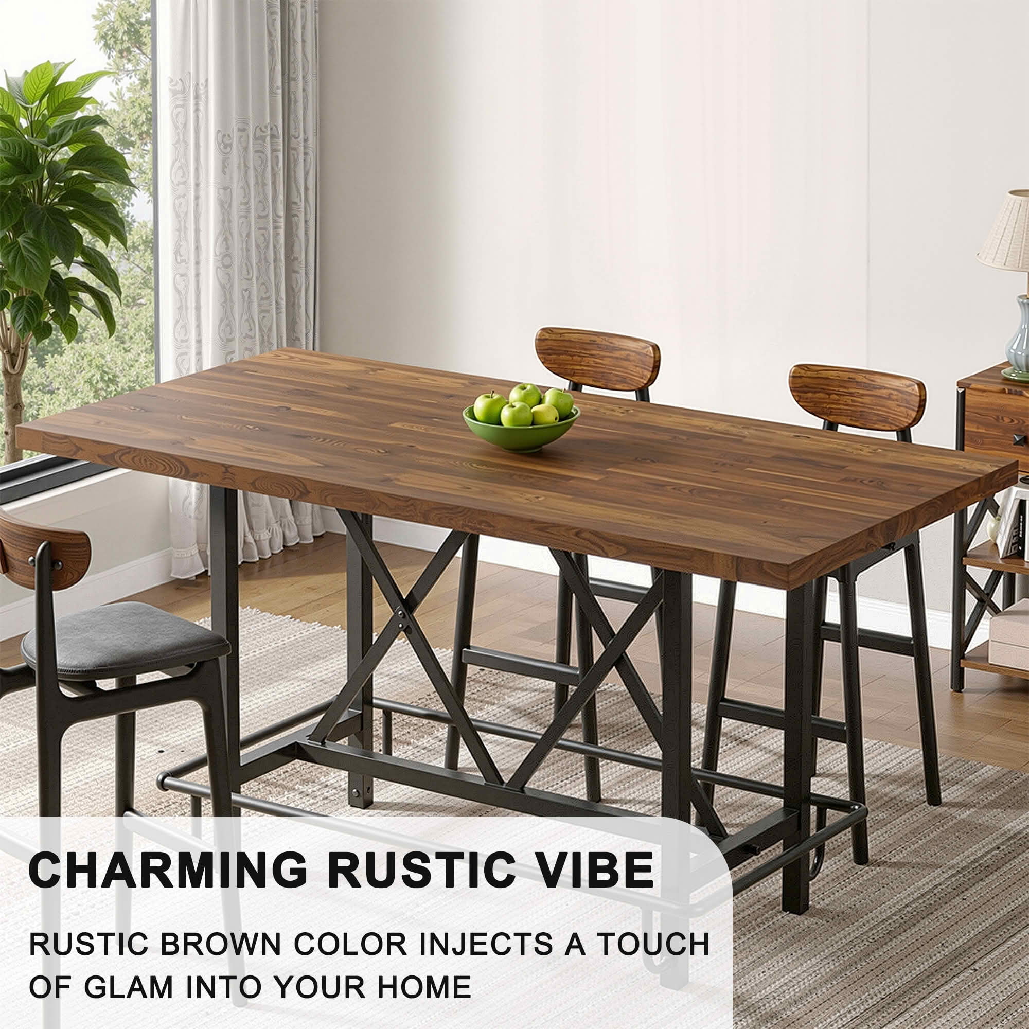 MAYEERTY 63 Inch Counter Height Rectangular Dining Table, Rustic Wood Metal Table Seats 6 for Kitchen Home