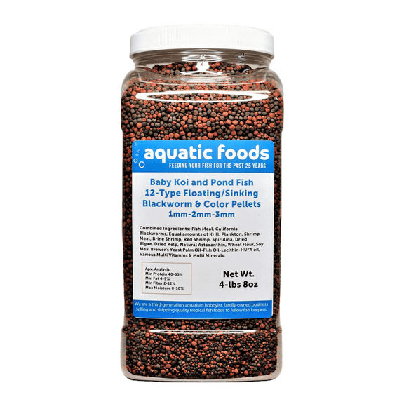Koi & Pond Fish 12-Type Floating & Sinking 1mm, 2mm, 3mm Blackworm & Intense Coloring Pellets for Baby and Juvenile Koi…4-lb 8oz Lg Jar