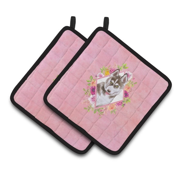 Siberian Husky #2 Pink Flowers Pair of Pot Holders