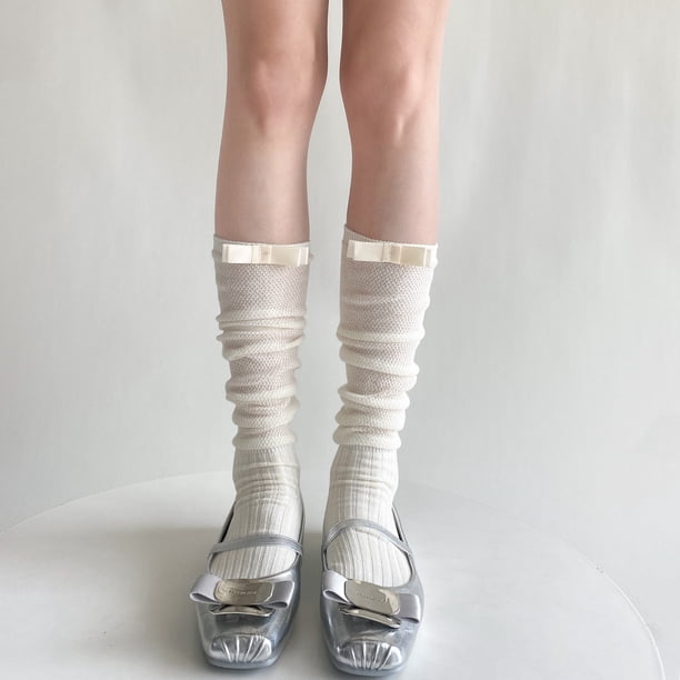 Xiao Hua 3 pares de calcetines casuales de algodón hasta la rodilla para mujer, de punto liso, elásticos y suaves (blancos).