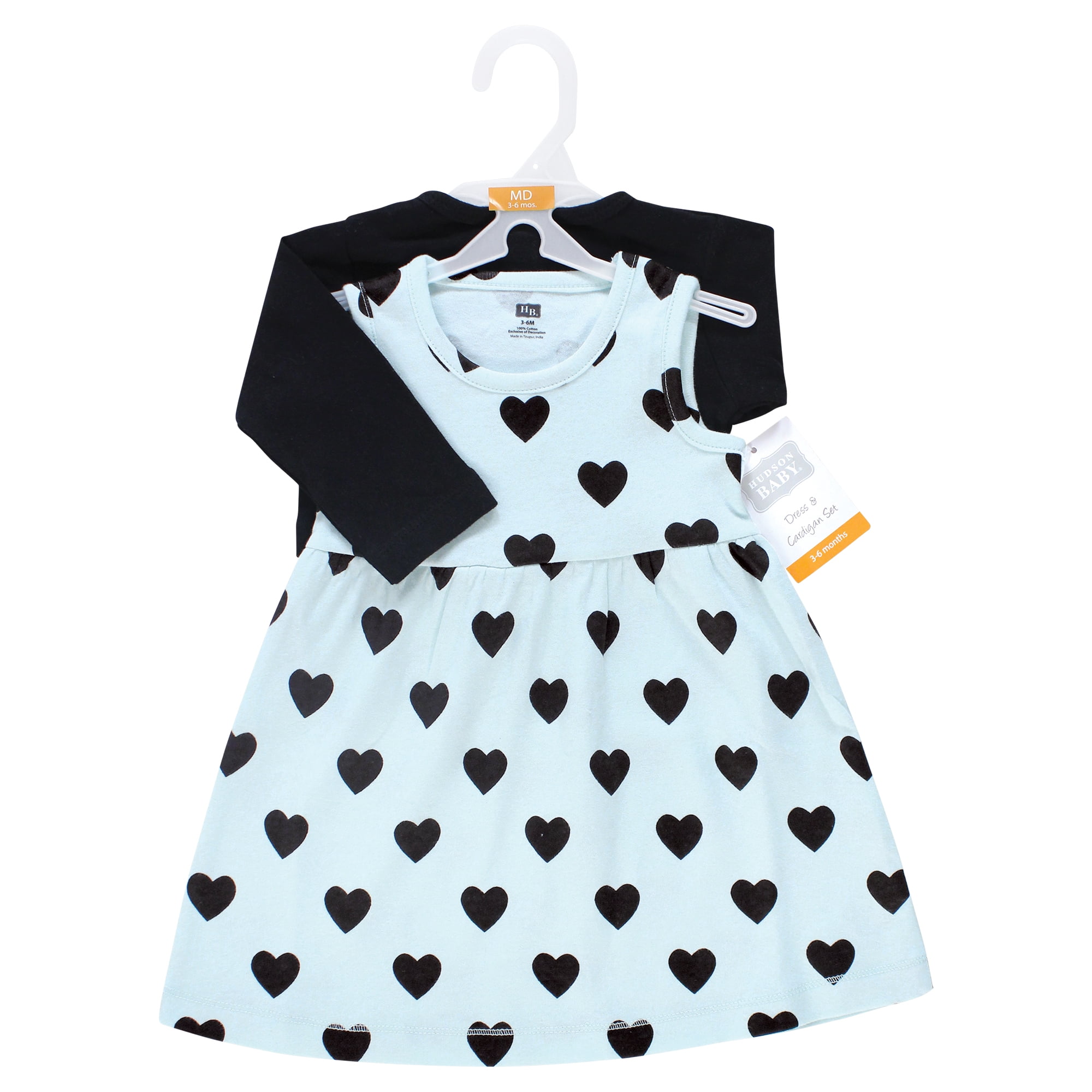 Hudson Baby Infant and Toddler Girls Cotton Dress and Cardigan Set, Mint Black Heart, 6-9 Months