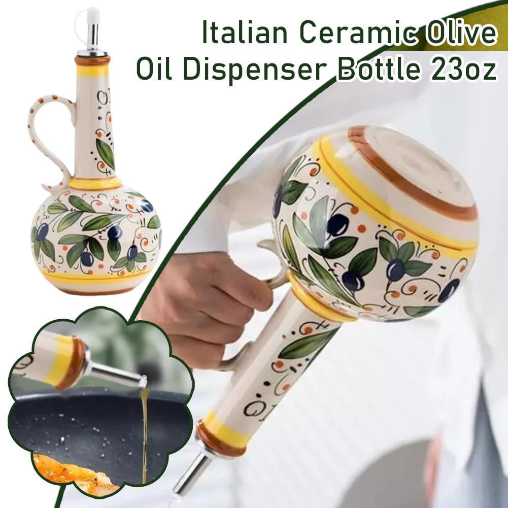 1-Pack Ceramic Olive Oil Dispenser Bottle, 23oz/680ml Hand Painted Italian Ceramic Bottle, Decorative Stoneware Dispenser with Spout for Oil, Vinegar, Coffee Syrup