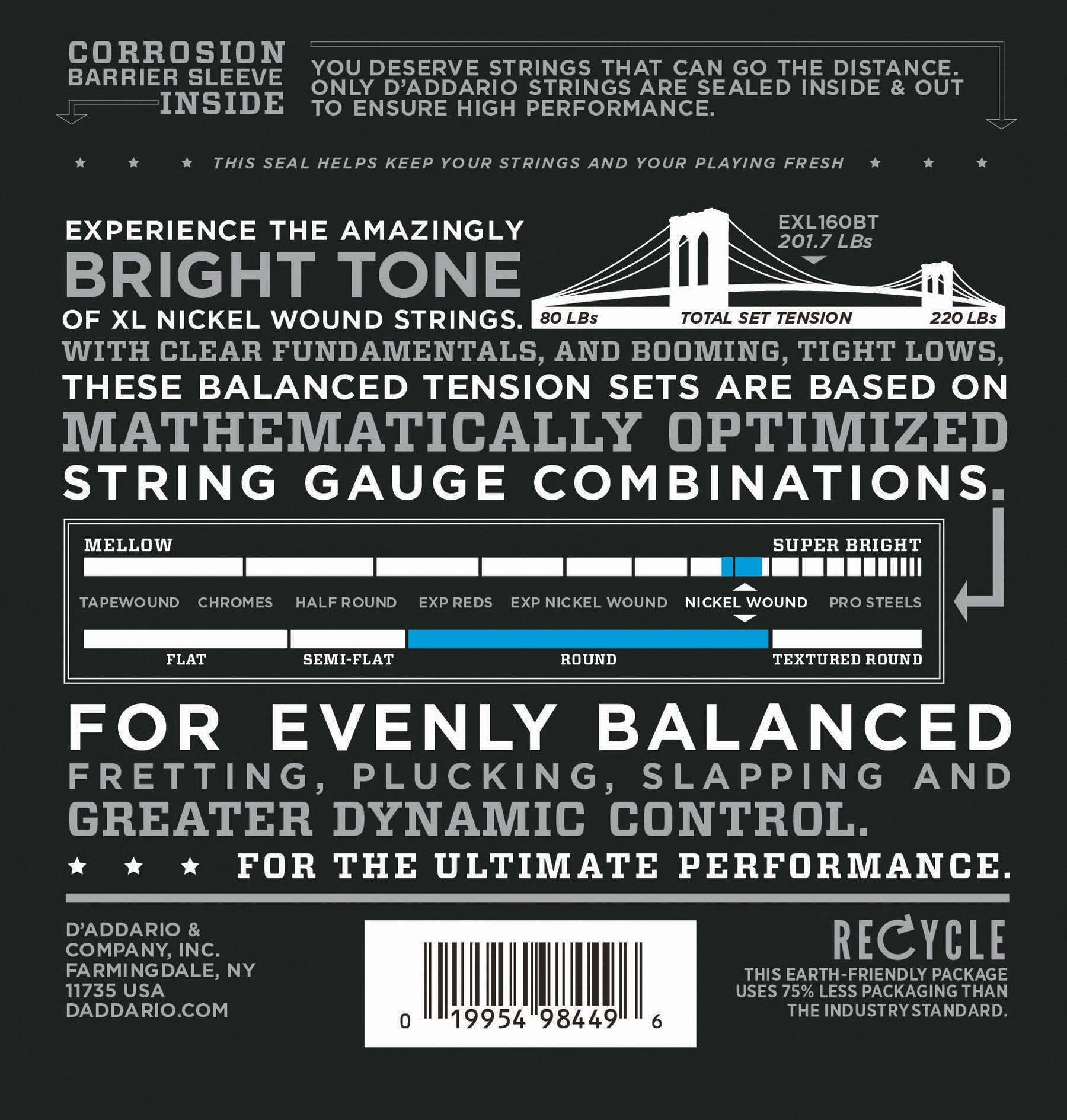 D'Addario EXL160BT Nickel Wound Bass Guitar Strings, Balanced Tension Medium, 50-120, Long Scale