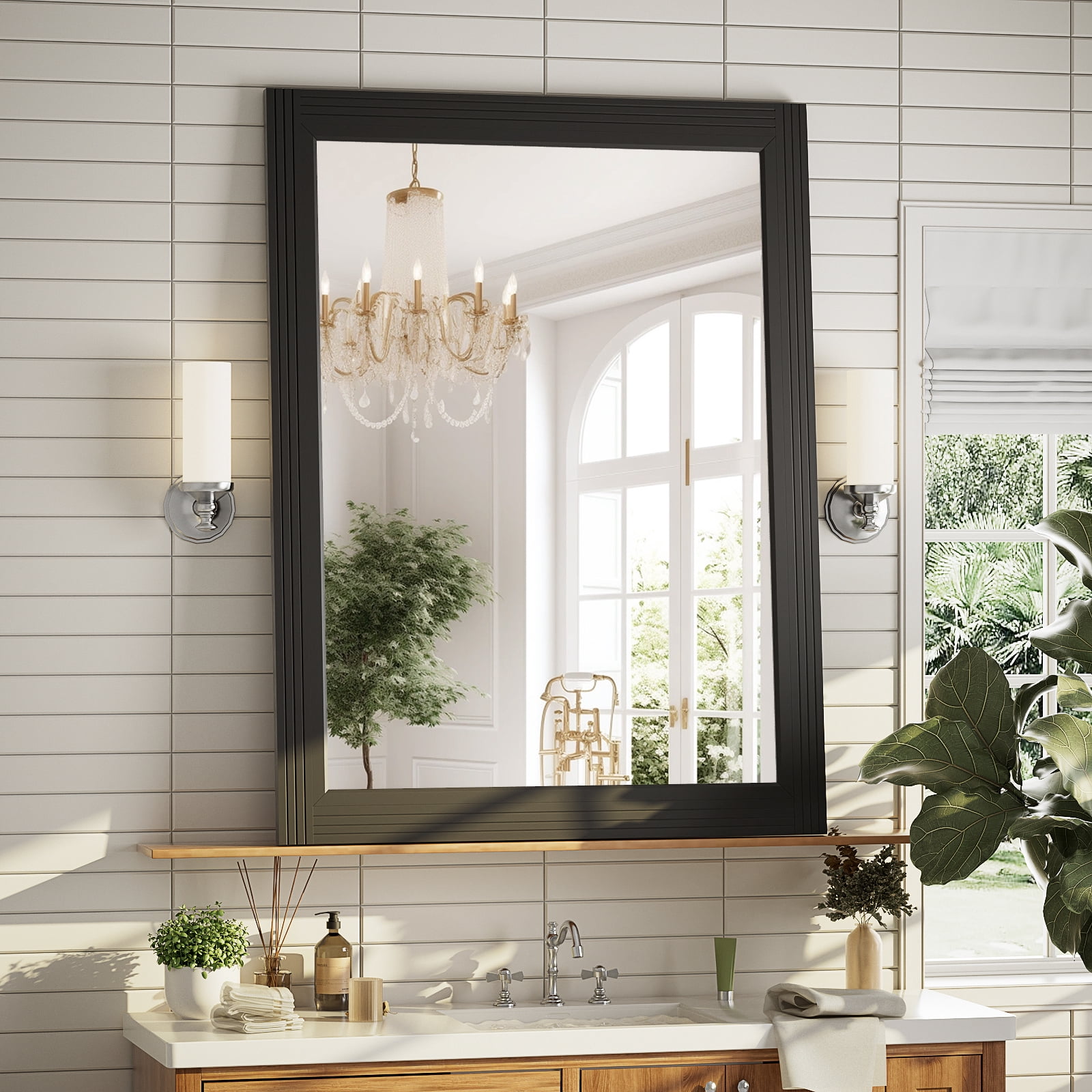 Anyrose 40.2"x30" Rectangular Wooden Framed Vanity Bathroom Mirror, Black