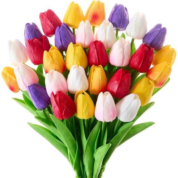 Duslogis 30pcs Tulips Artificial Flowers 13" Fake Flowers Slik Real Touch Tulips Faux Flowers for Spring Easter Mother's Day Table Decor Wedding Bouquet (Colorful A)