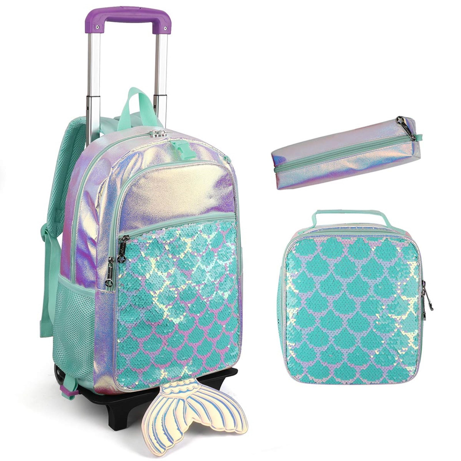 3Pcs Rolling Backpack for Kids with Lunch Bag Pencil Case,16" Girls