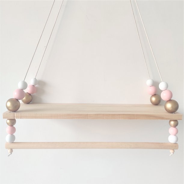 Estante de almacenamiento de muñecas de doble capa con cuentas de madera de alta gama de estilo nórdico, precio de habitación de niños, decoración de pared suave