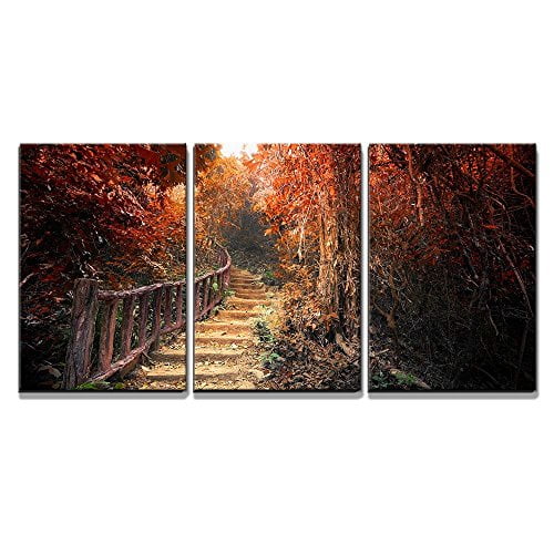 wall26 Canvas Print Wall Art Set Path Through Red & Orange Autumn Forest Nature Wilderness Photography Realism Rustic Scenic Colorful Multicolor for Living Room, Bedroom, Office - 16x24&quo