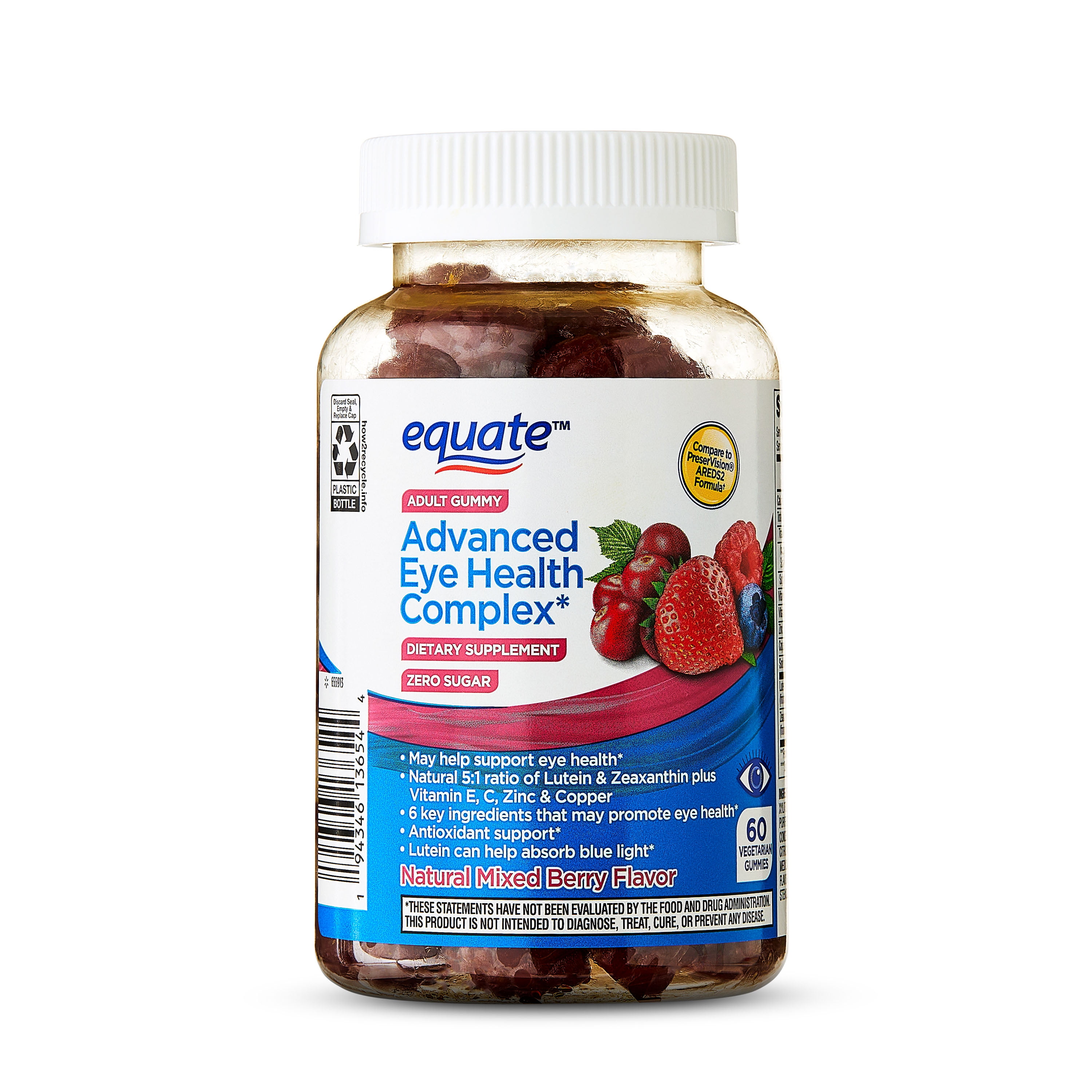 (3 pack) Equate Zero Sugar Advanced Eye Health Complex Vegetarian Gummy Dietary Supplement, Mixed Berry, 60 Count