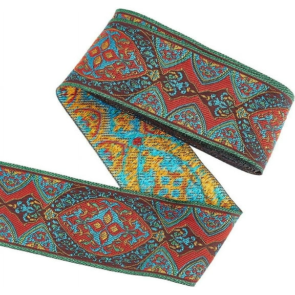 5.5 Yards Jacquard Ribbon Trim 2 inch Wide Vintage Floral Embroidery Ribbon with Leaf Patterns Dark Red Polycotton Boho Embroidered Trim Fabric